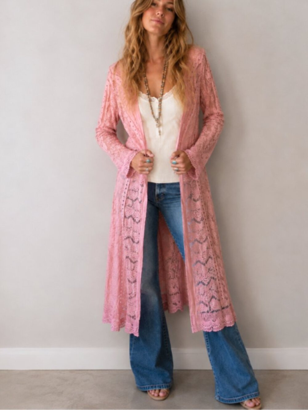 Y2K Sheer Lace Cardigan Duster Janis Joplin Boho Fairy Western Pink Size L